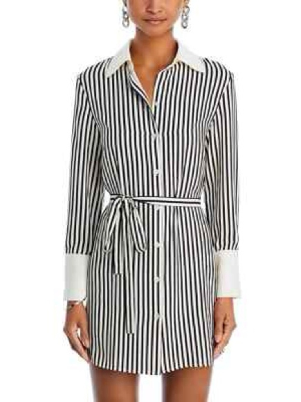 H&M Black & White Striped Long Sleeve Shirt Dress with Tie Belt